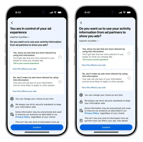 Meta's consent prompt shown in two silver phone frames.