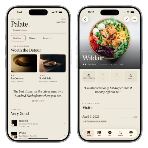 Palate's restaurant journal and a saved restaurant entry.