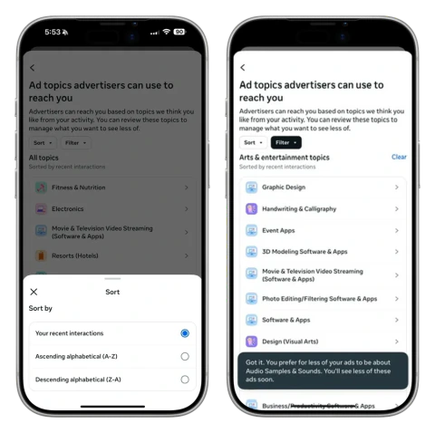 Ad Topics sorting and topic hierarchy screens.