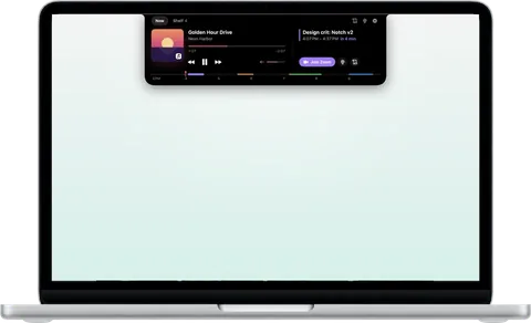Upbeat's Now page open in a MacBook's notch.