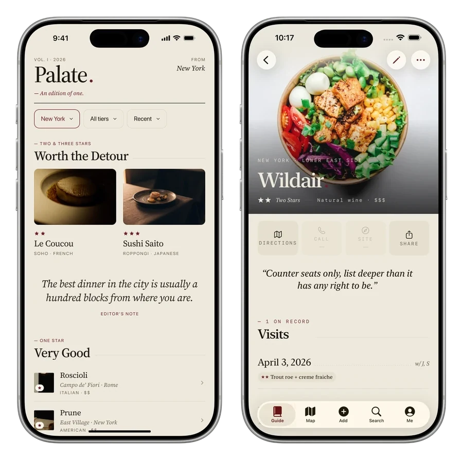 Palate’s personal guide and a restaurant entry.