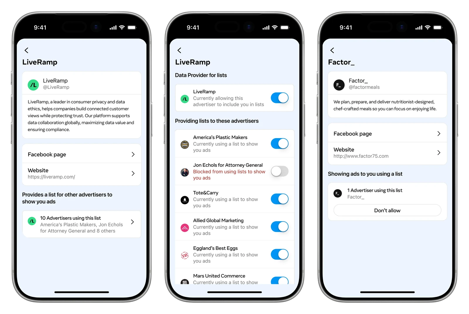 Data providers like LiveRamp build lists that other advertisers use to reach you. Open one and every advertiser using its list has its own switch. A single advertiser like Factor_ shows the list it used, with a button to stop it.