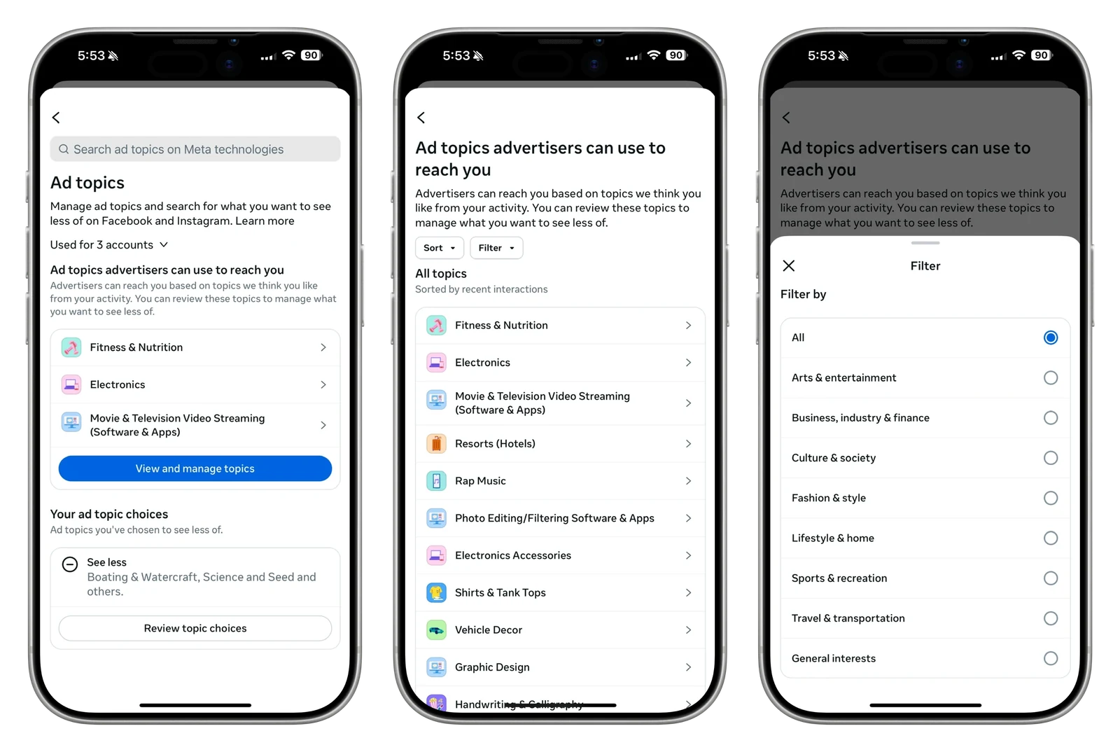 Ad Topics introduction, topic list and category filter.