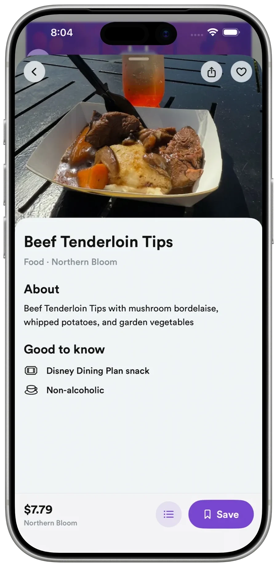 WDW Planner dish detail for Beef Tenderloin Tips, with a photo, description, dietary tags, and price.