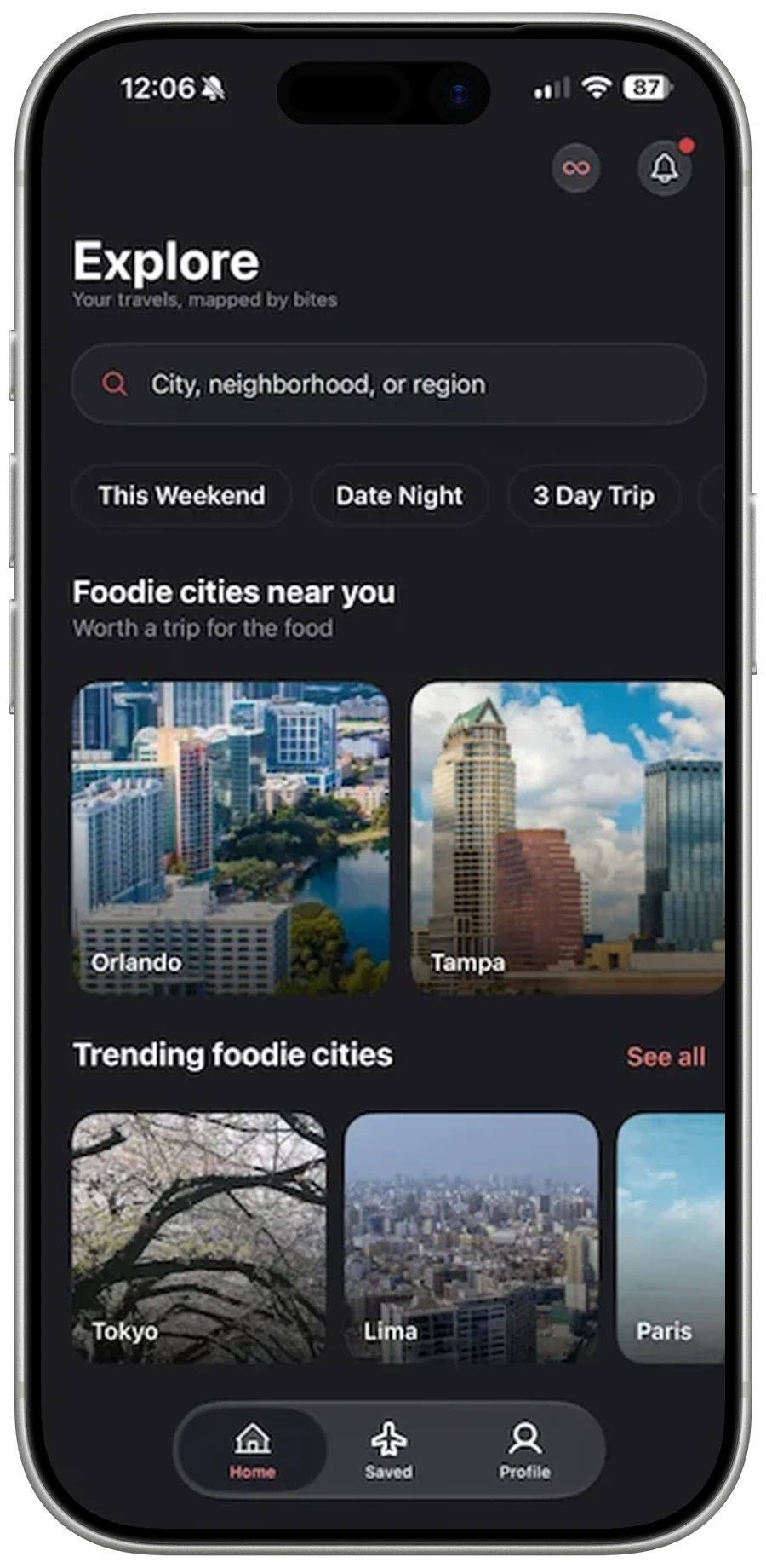 CityBites Explore screen with foodie cities and trip-type filters