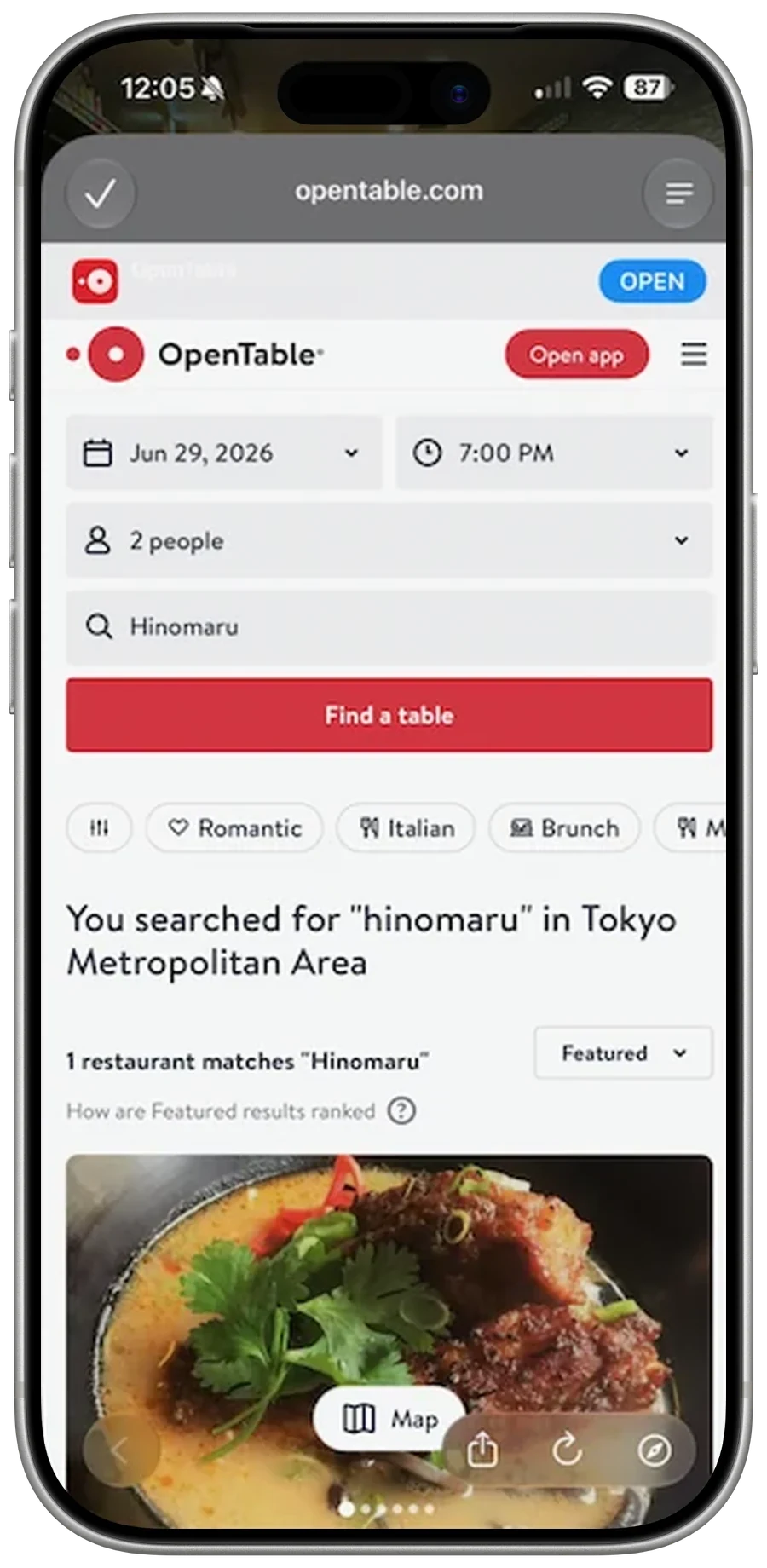 CityBites OpenTable hand-off screen for booking a table