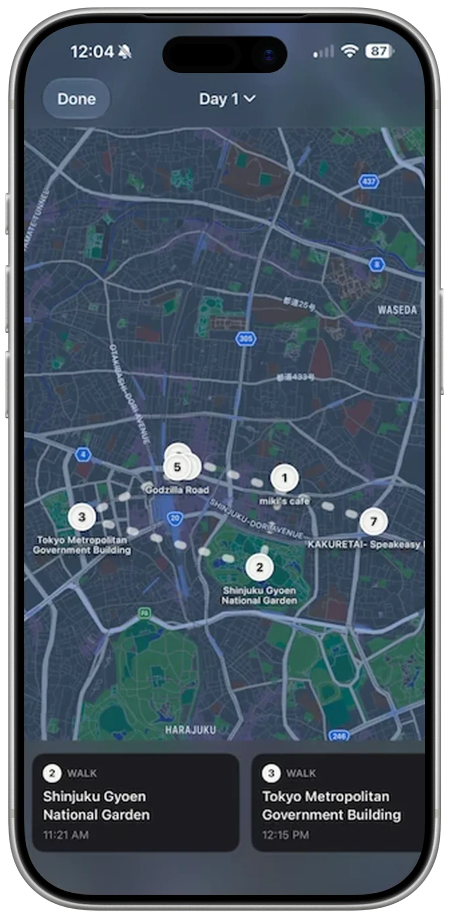 CityBites map showing a numbered, clustered walking route through a city