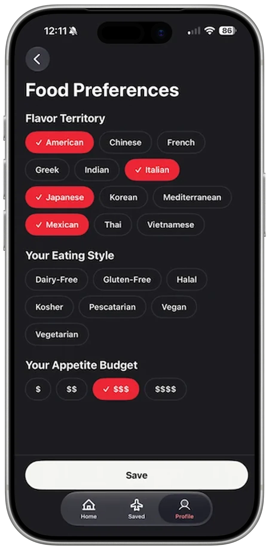 CityBites Food Preferences screen with flavor, dietary, and budget options