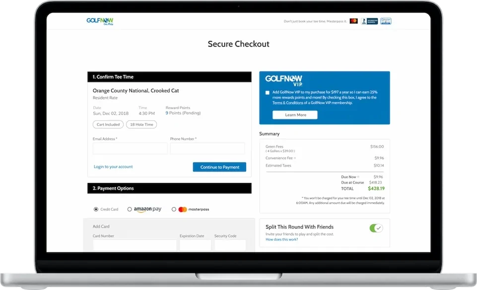 A booking checkout screen in a laptop, with a concise summary and payment step.