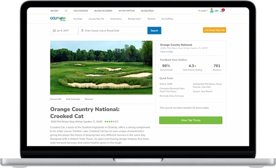 A course detail page in a laptop, with course photos, ratings, hole and length details, and a list of available tee times and prices.