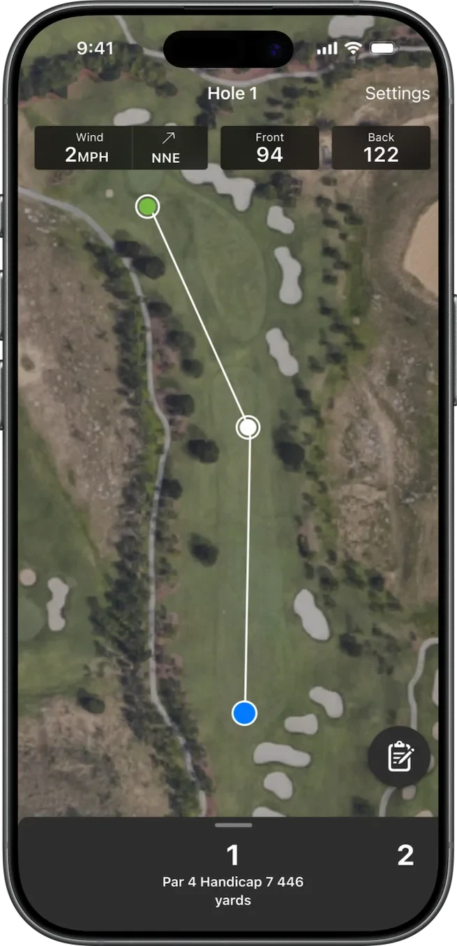 On-course GPS view showing the hole layout from above with wind, and front and back distances to the green.