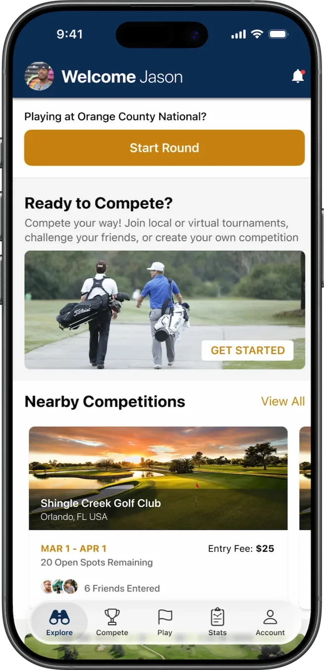 GolfNow Compete home screen with a Start Round button, a Ready to Compete prompt, and a list of nearby competitions.