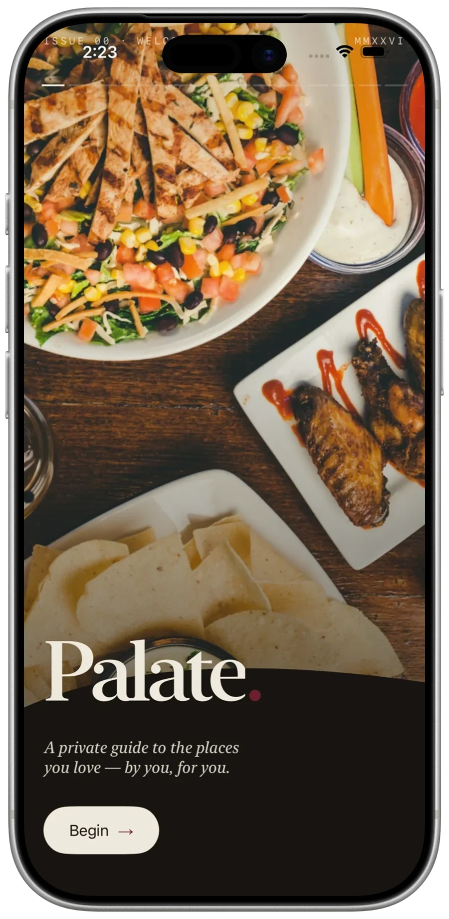 Palate welcome screen with food photography and the tagline: a private guide to the places you love.