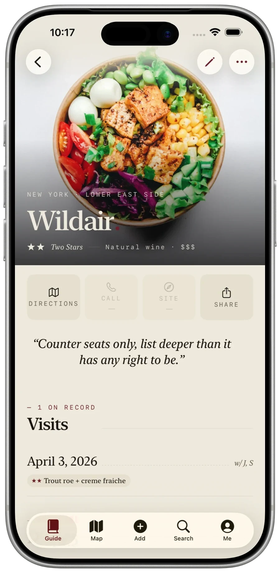 Palate restaurant detail screen for Wildair showing a food photo, pull quote, star rating, and visit history.