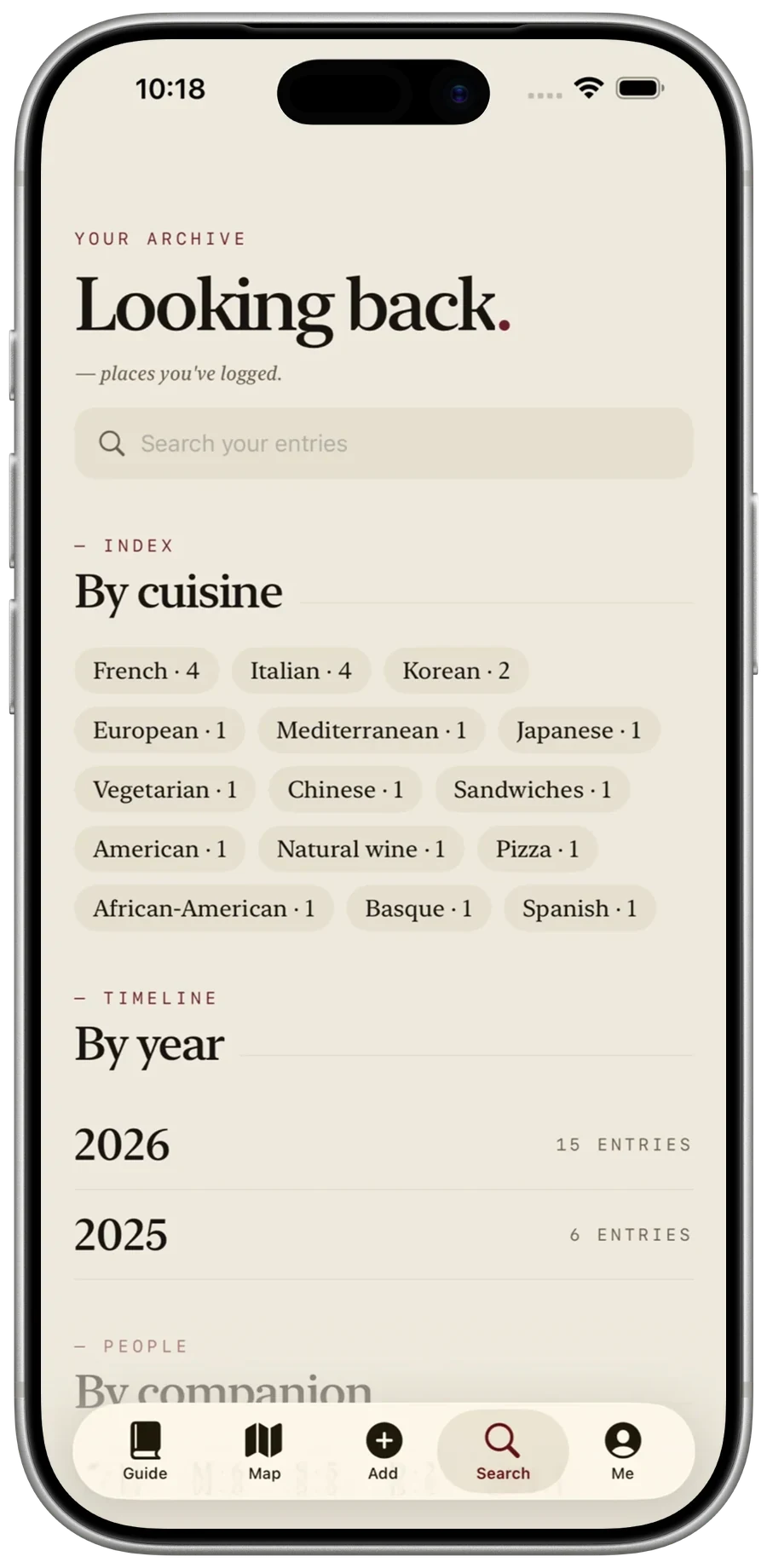 Palate Search screen with faceted indexes by cuisine, by year, and by companion.