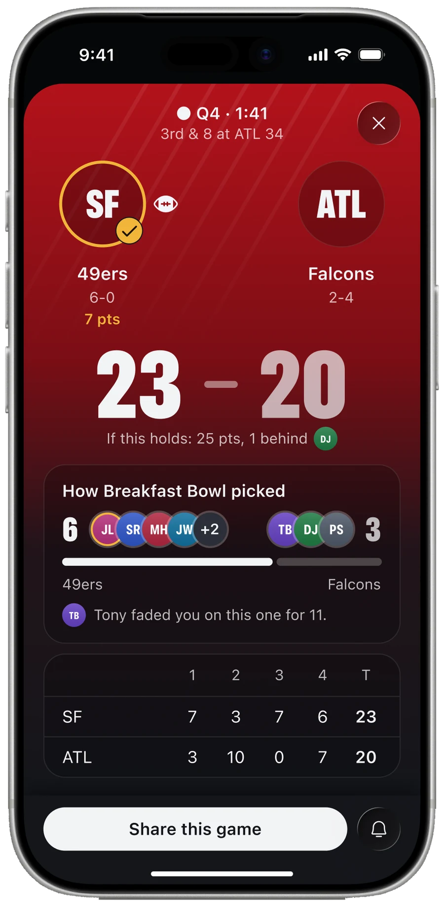 Sidelyn live game detail with the score, seven points on the pick and the league’s split.