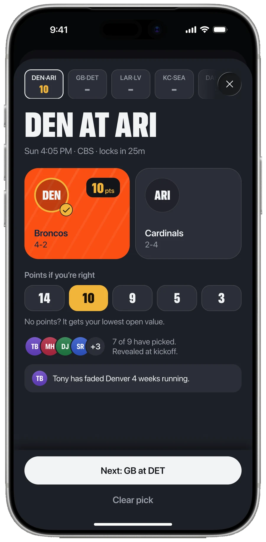 Sidelyn pick sheet with Denver selected for ten confidence points.