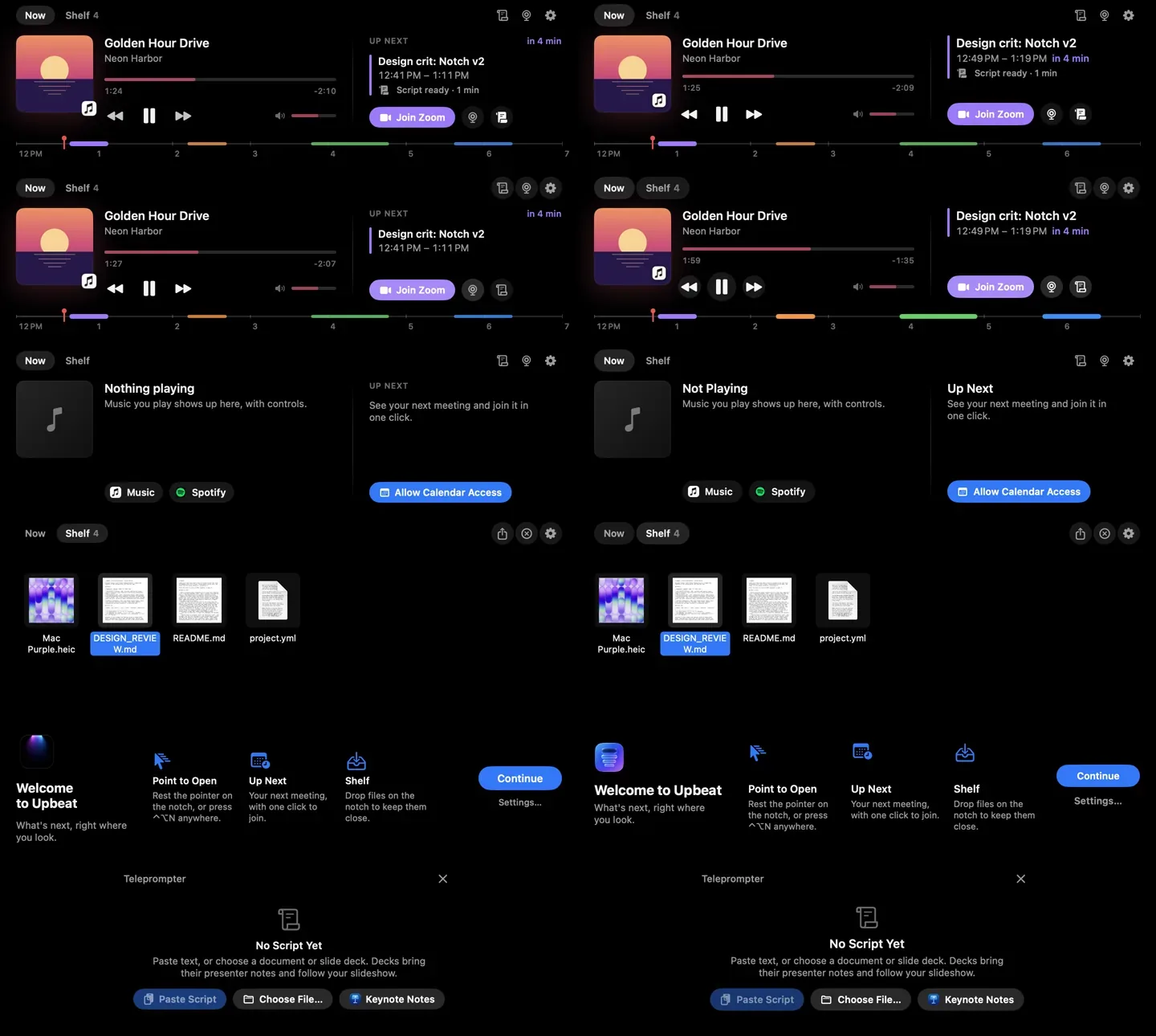 Upbeat's Now, Shelf, welcome and teleprompter panels before and after a pass on spacing, type and hover states, side by side