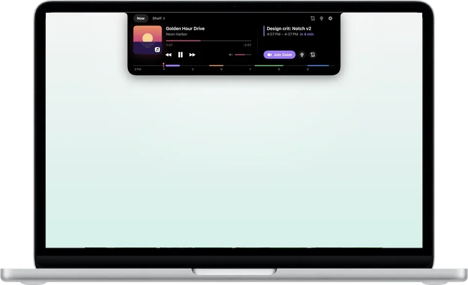 Upbeat open in a MacBook's notch, showing what's playing beside the next meeting.