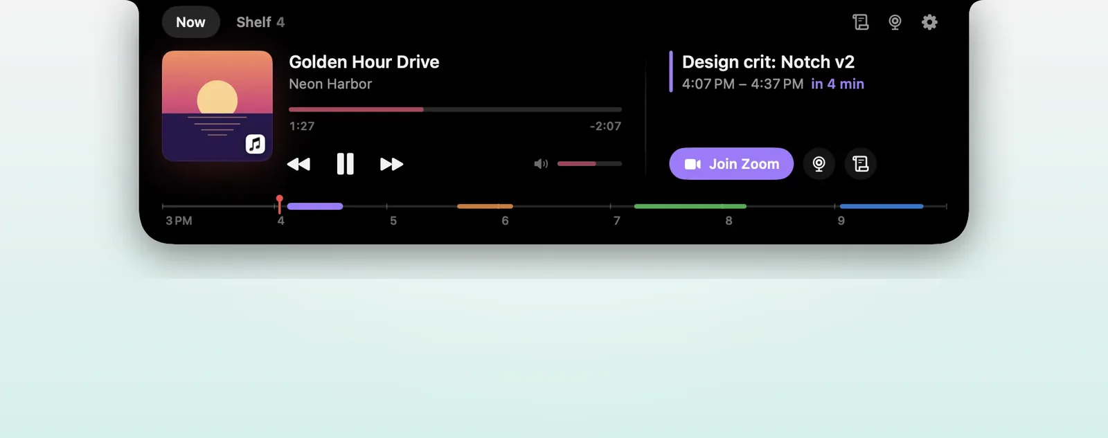Upbeat's Now page: a playing track beside the next meeting with a Join Zoom button, and a timeline of the next few hours