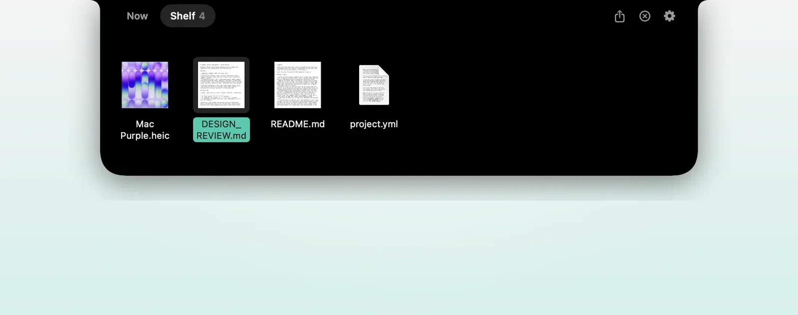Upbeat's Shelf holding four files as Quick Look thumbnails