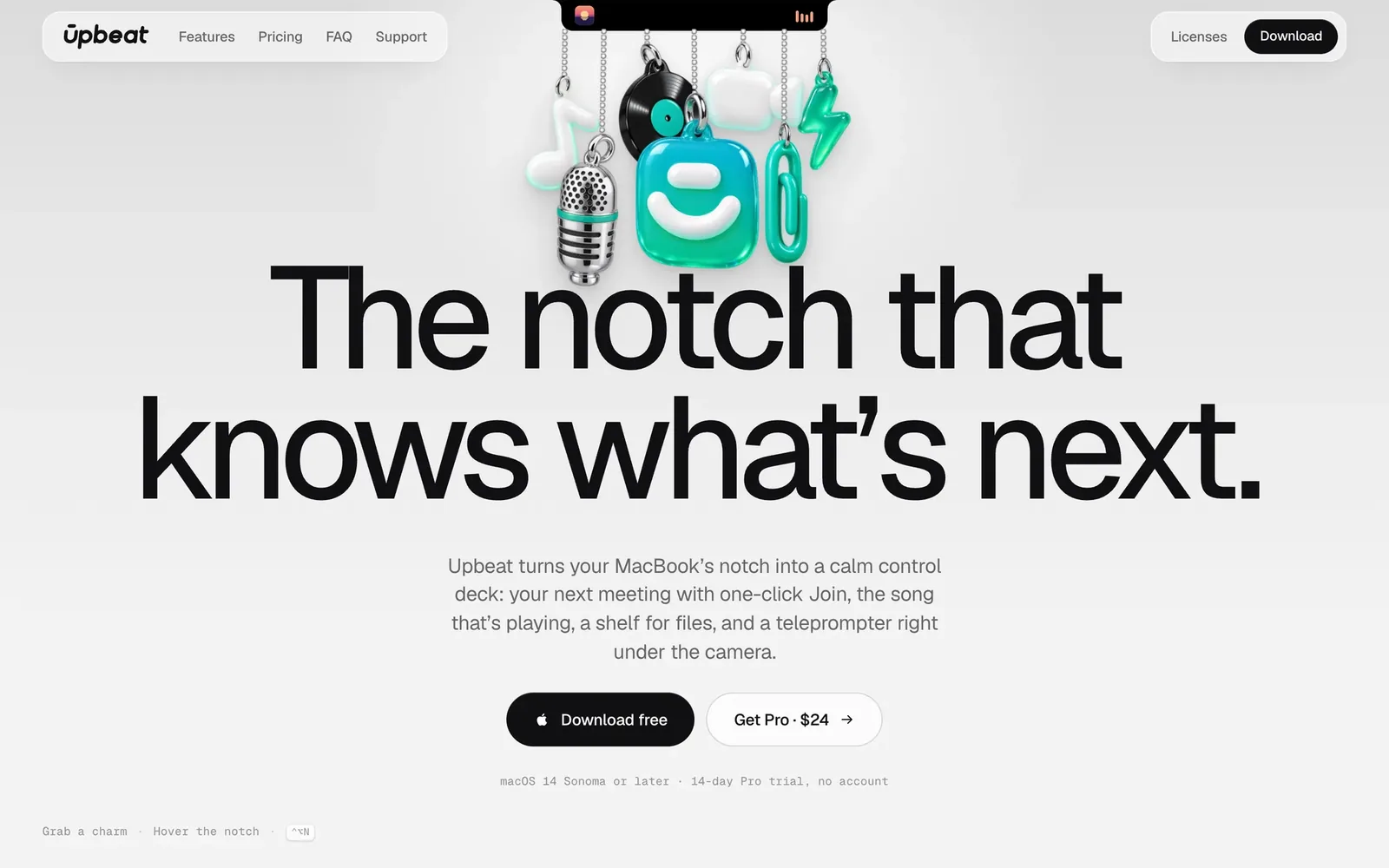 The getupbeat.app home page with a working notch at the top and charms hanging from it